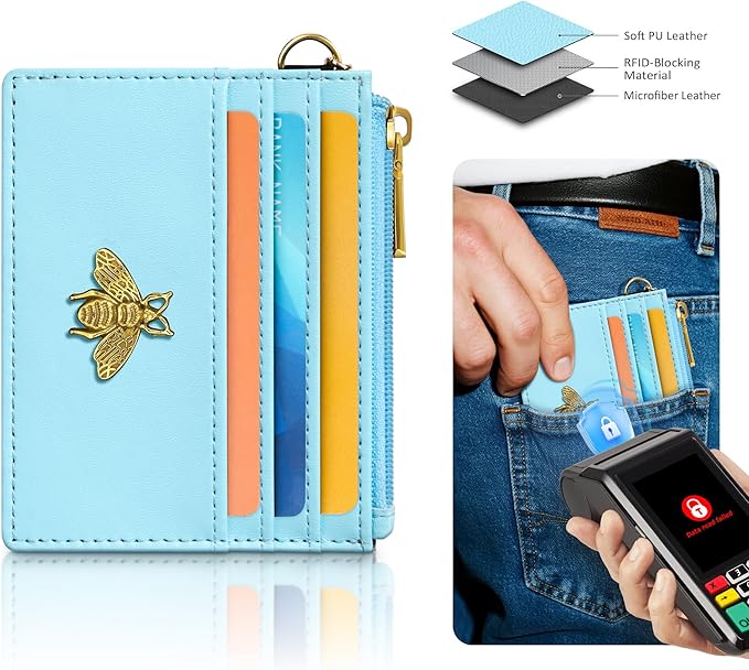 SEAVILIA Card Holder Keychain Wallet for Women with ID Window RFID Coin Purse Bee Gifts Slim Minimalist Small Wallet