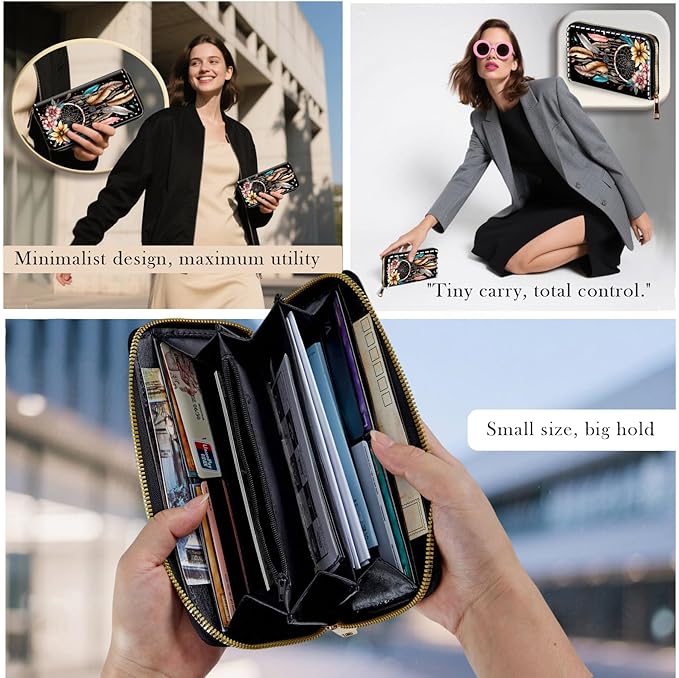 Zip Around Wallets for Women with Detachable Wrist Strap, Large Capacity RFID Blocking Leather Purse Organizer Card Holder Wristlet,Dream Catcher Flower