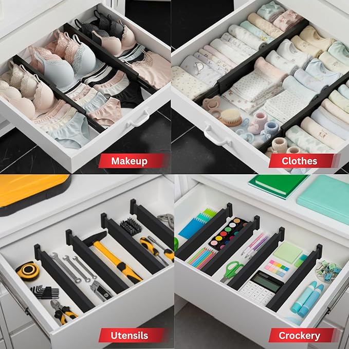 6 Pack Drawer Divider - 2.6" High, 11" to 18" Adjustable Bamboo Drawer Organizers for Clothes, Expandable Dresser Separators in Bedroom/Bathroom/Kitchen/Office Organization and Storage (Black)