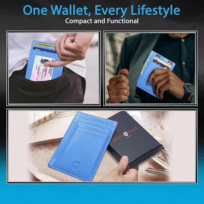 ALLEN & MATE 100% Genuine Leather Slim Minimalist wallet RFID Blocking Card Holder Wallets for Men & Women - Holds 7 Cards, ID & Cash with Gift Box (Blue)