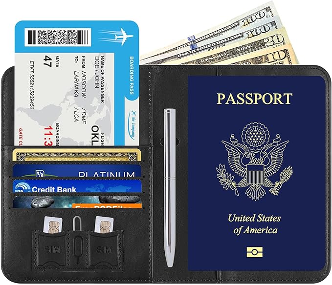 Airtag Passport Holder for Travel Essentials Wallet Rfid Blocking Cover Leather Case Vacation Travel Accessories for Women Men (601#Black)