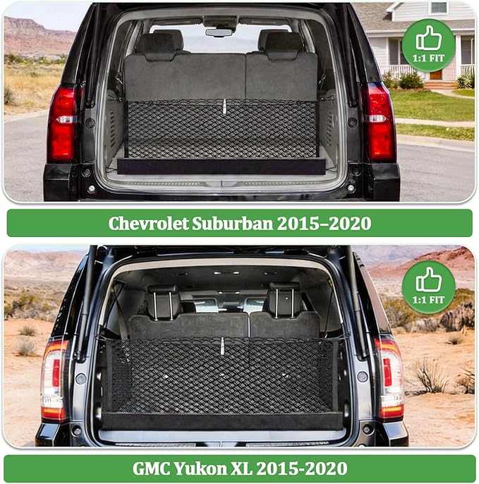 3-Layer Cargo Net for Chevrolet Suburban, GMC Yukon XL 2015-2020, Zipper Bag Trunk Net for SUV, Heavy Duty Oxford Cargo Organizer Storage Nets with Carabiners