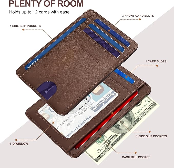 Slim Minimalist Front Pocket Thin Wallet RFID Blocking 100% Genuine Leather Credit Card Holder for men Women, with Gift Box -Grain Leather Brown
