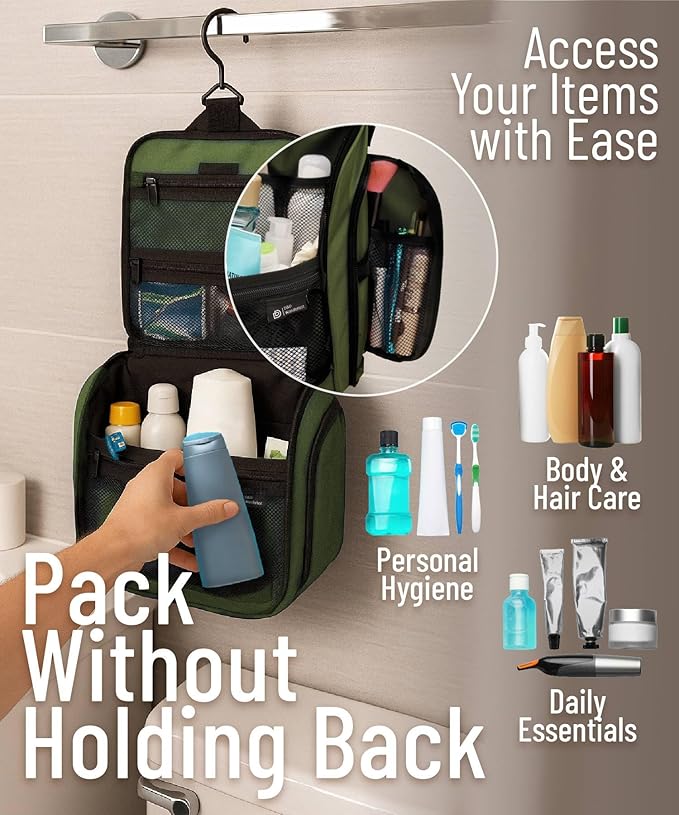 D&D Wanderlust D&D Hanging Travel Toiletry Bag for Men and Women – Cosmetics, Makeup and Toiletries Organizer Kit with 10 Compartments