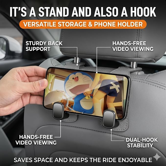 2 Pack Leather Car Seat Back Double Hooks - Heavy Duty Metal Core Headrest Hangers for Purses, Bags & Groceries - Anti-Drop & Scratch-Free Auto Interior Organizer Holder (Grey)