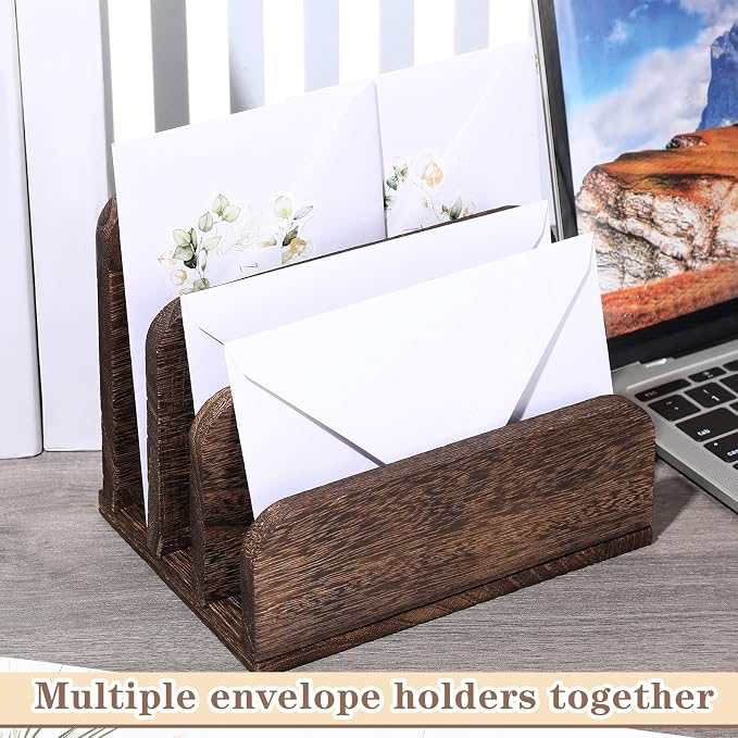 Briwooody Wooden Mail Organizer 3 Slots Mail Holder for Desk Wood File Paper Letter Holder for Letter Envelope Filing Cell Phone Document Storage, Organizer Tray for Office and Home(Dark Brown)