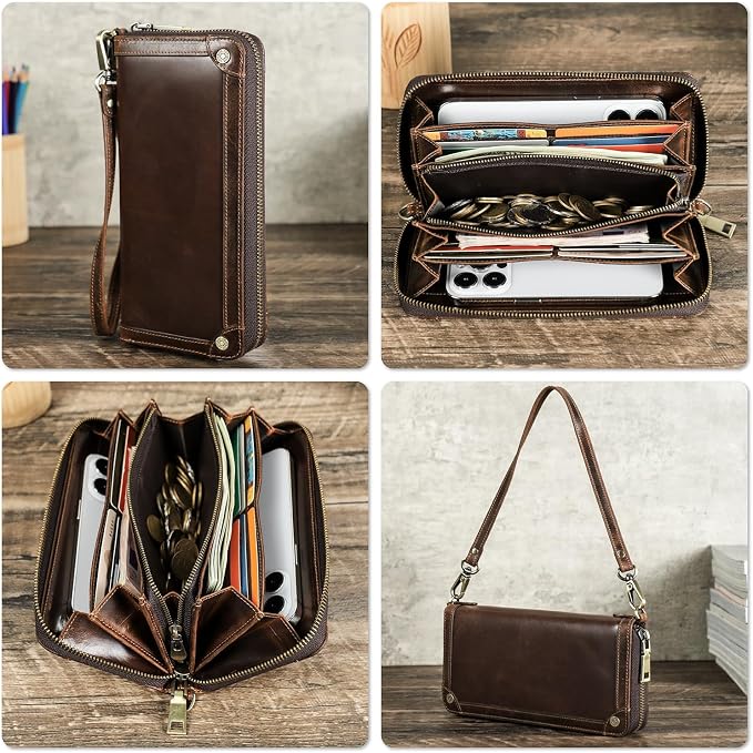 Top Grain Genuine Oiled Leather Clutch Wallet for Man & Woman, Handmade Vintage Design, Multi Pockets & Slots & Detachable Wristlets, RFID Large Capacity for Cards/Checks/Money/Passport, Red Coffee