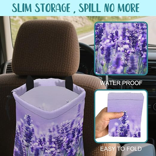 Car Garbage Bag Purple Lavender Flowers Drawstring Car Trash Bag Hanging for Back Seat with Adjustable Buckle Canvas Vehicle Trash Can Easy-to-Install