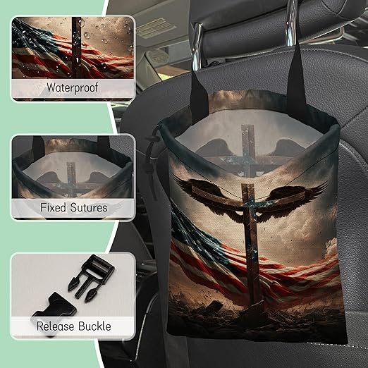 Cross with Wings Car Trash Bag,American Flag Hanging Drawstring Car Garbage Bag,Waterproof Canvas Car Back Seat Organizer with Adjustable Buckle,for Vehicles,SUVs,Camping,Road Trips