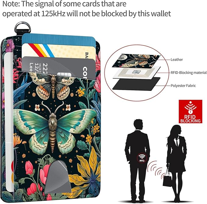 Slim RFID Blocking Card Holder Wallet with Wrist Strap - Minimalist Front Pocket Wallet, Moth Flower 02 Design, PU Leathe, for Men & Women, Ideal for Travel & Gifts