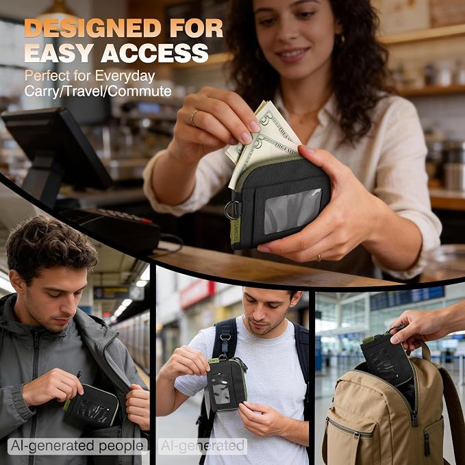 Coin Purse for Men, RFID Blocking 500D Nylon Small Wallet with Key Clip, Slim Front Pocket Card Holder, Zipper Coin Pouch & ID Window Organizer for Cards, Cash