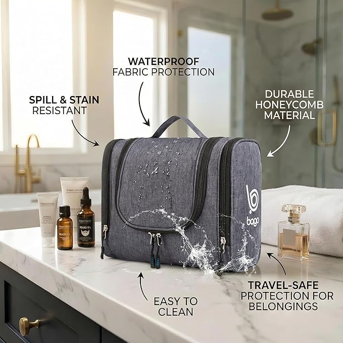 Bago Travel Toiletry Bag for Women and Men X-Large Waterproof Hanging Large Toiletry Bag for Bathroom and Travel Bag for Toiletries Organizer -Travel Makeup Bag (SnowGray)