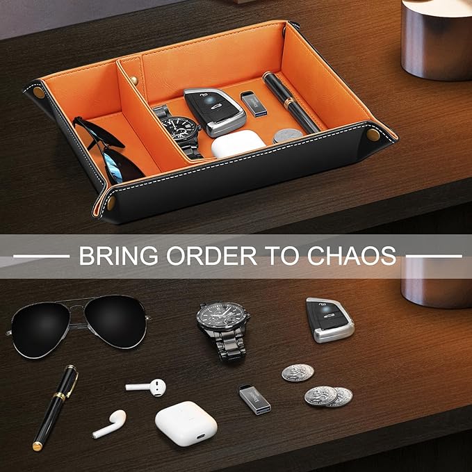 SITHON Valet Tray Desktop Storage Organizer, Removable 2 Compartments Catchall Tray Bedside Vanity Nightstand Caddy Holder Desk Storage Plate, Orange