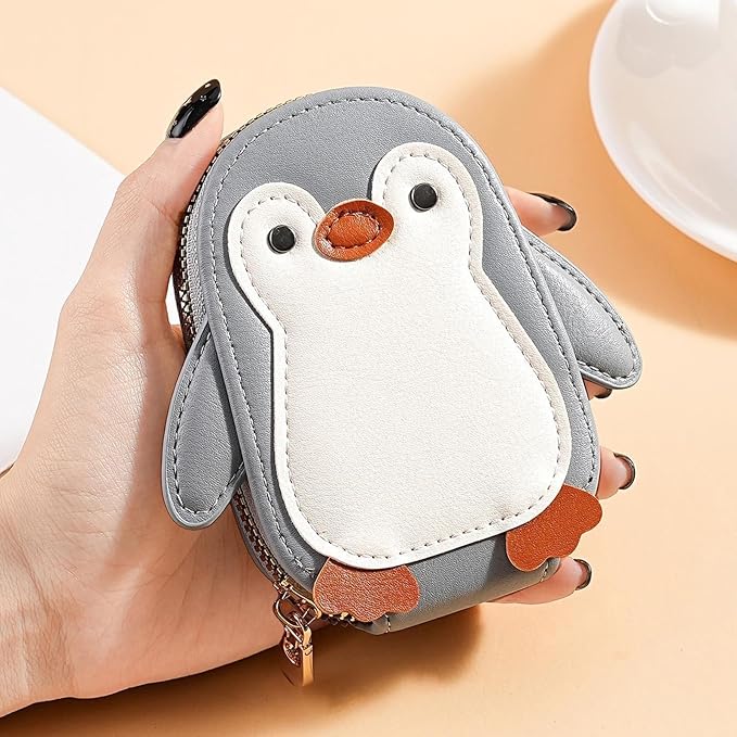 Cute Cartoon Penguin-shaped Coin Purse PU Leather Accordion Card Holder Large Capacity Zippered Money and Card Organizer Portable Mini Coin Purse (blue)