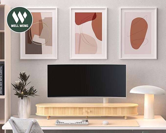 Bamboo Dual Monitor Stand with Storage, Curved Double Computer Laptop Stand Desk Shelf Organizer with Sliding Doors (42 inch)