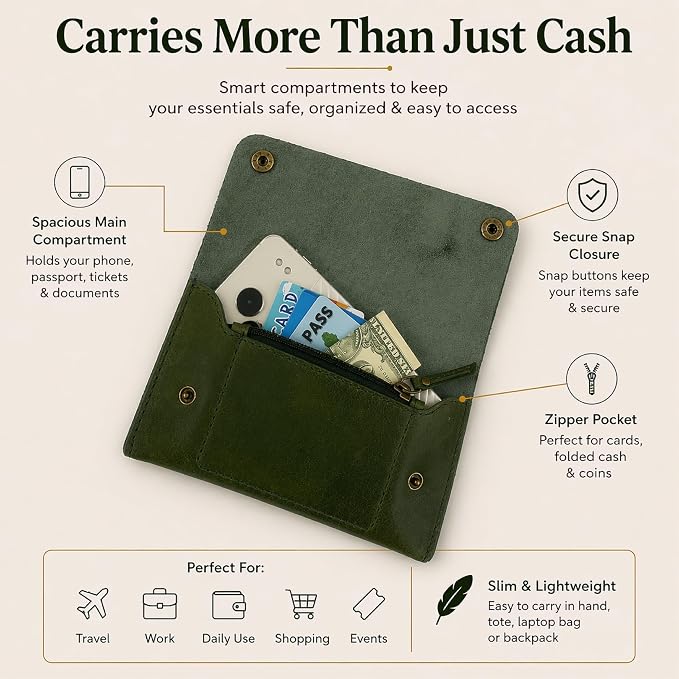 Leather Currency Pouch - Handmade Cash Organizer with Double Button Closure & Zipper Pocket, Compact Money Holder for Travel & Everyday Use, 4 x 8 Inch (Green)