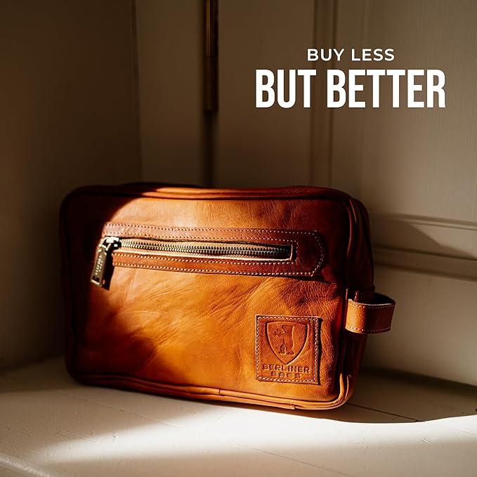 BERLINER BAGS Vintage Genuine Leather Toiletry Bag Paul, Large Capacity Cosmetics Bag for Men and Women for Travel - Brown (1 Compartment)