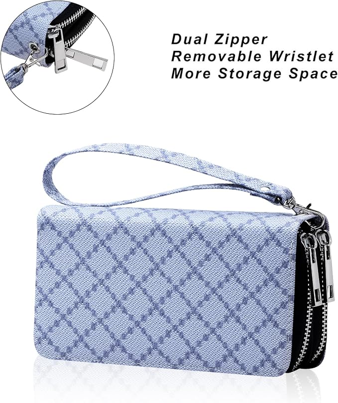 Cellphone Wallet for Women Dual Zipper Long Purse with Removable Wristlet
