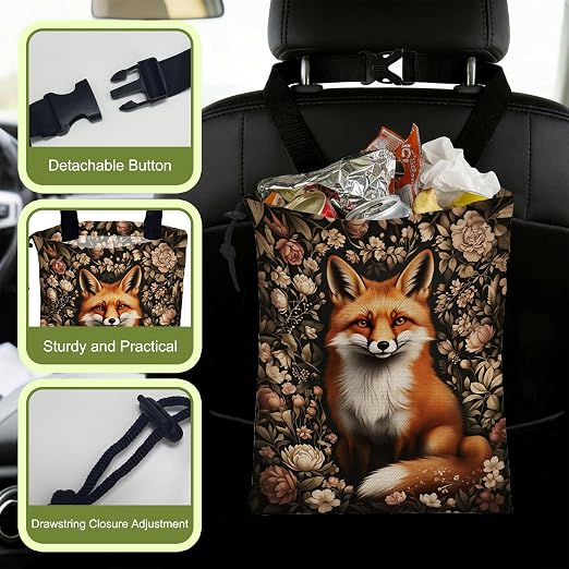 Car Garbage Bag Vintage Floral Fox Drawstring Car Trash Bag Hanging for Back Seat with Adjustable Buckle Canvas Vehicle Trash Can Easy-to-Install for Car Accessories Vehicle Travelling Camping