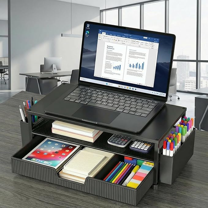 ECOLOVI Desk Organizer and Accessories, 2-Tier Computer Monitor Stand Rise with Storage Drawer & 2 Pen Holders, Laptop & Printer Stand for Desktop, Workspace Organizers for Office Supplies (Black)