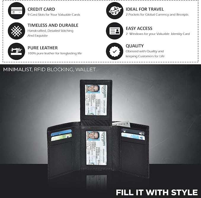 Real Leather Mens Trifold Wallet RFID Blocking Slim Minimalist Front Pocket - Thin & Stylish with ID Window in Gift Box