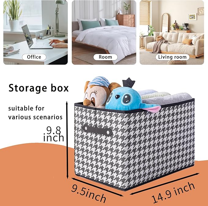1 Pack Large Collapsible Storage Baskets for Shelves,14.9"x9.5" Fabric Closet storage Boxes with Leather Handles,Decorative Organizers Storage Bins for Clothes,Sheets,Toys,Books,(Houndstooth
