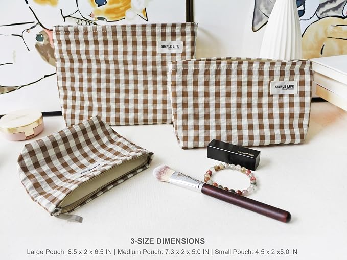 HAPPYHEIDI Nylon Checkered Makeup Bag Set 3 with Pocket Cosmetic Toiletry Travel Pouch, Small Accessory Organizer Bag, 3-Size, Brown, Large Medium Small, Lined, Lightweght