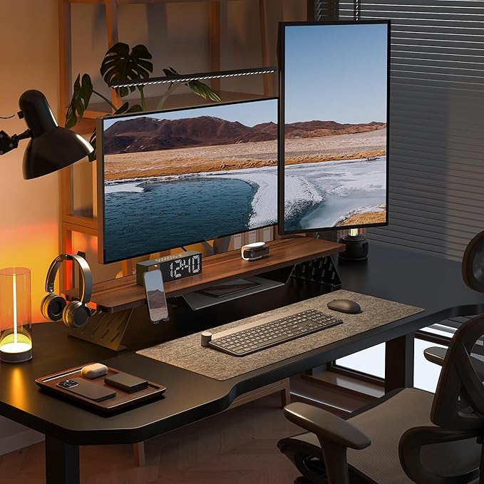 Fenge Dual Monitor Stand, 42.5 Inch Monitor Riser for Desk, Wood Desk Shelf for 2 Monitors, 2 Tier Monitor Shelf with Headphone Stand & Phone Holder