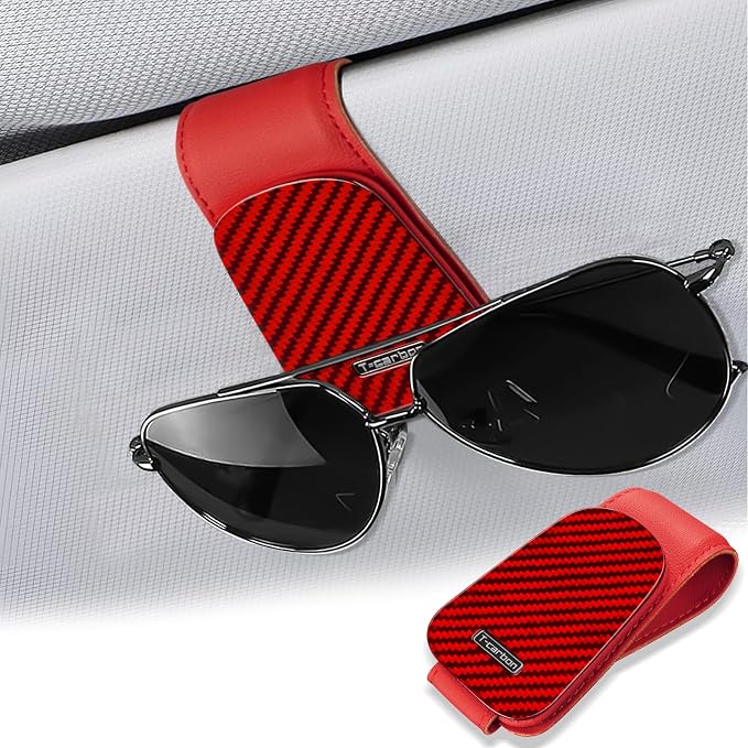 T-carbon Sunglass Holder for Car Sun Visor,Magnetic Leather Sunglasses Hanger,Glass Fiber Sunglasses Holder and Ticket Card Clip, Car Visor Accessories,Red