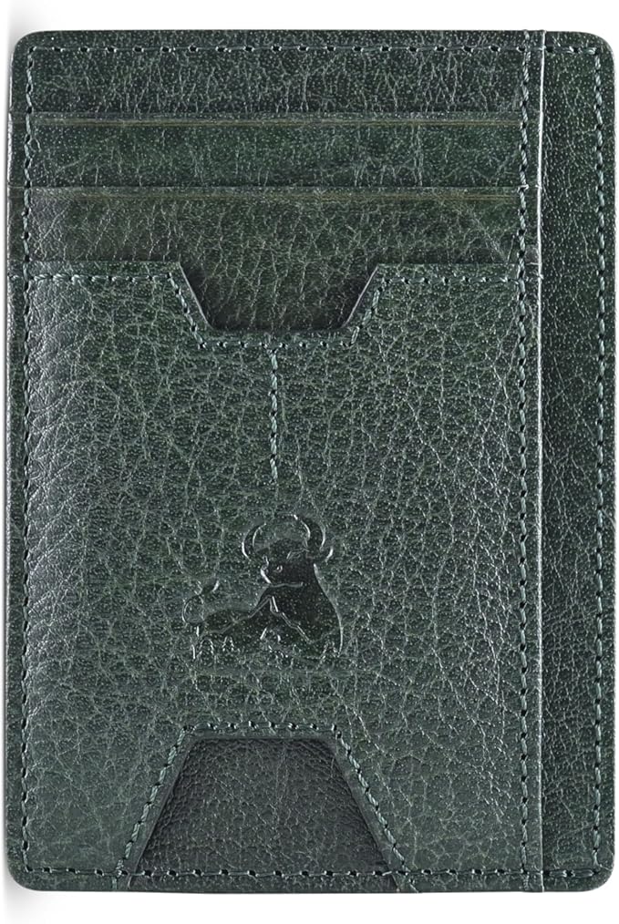 BULL GUARD Mens RFID Blocking Leather Slim Card Case Wallet with Easy Access ID windows, Cash & Card Slots, Crafted with Premium Top Grain Leather Ideal for Travel or Everyday Use (Wild Buffalo Green)