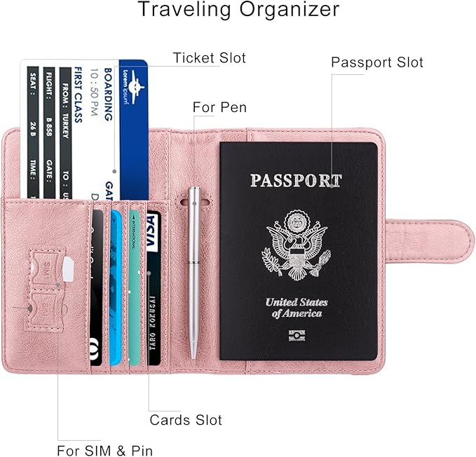WALNEW Passport Holder for Travel, RFID Passport Cover Wallet for Women Men, PU Leather Passport Book Card Holder Case with Pen (Buckle Closure, Buckle-Rosegold)
