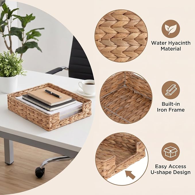 Letter Tray Water Hyacinth, Wicker Desk Organizer for Office Supplies Mail | Desk Tray Organizer for A4 Paper, Magazine, Jewelry Cosmetics, Paper Holder Storage Basket for Office, School, and Workspace