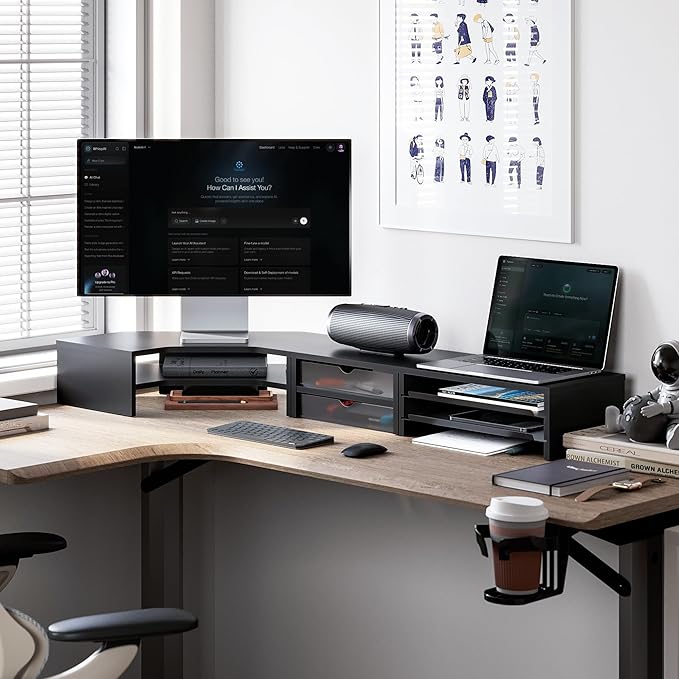 Fenge Dual Monitor Stand, Corner Monitor shelf with Drawer and Slide-Out Tray, 2 Tier Triangle Monitor Riser with Storage, Desk Shelf Organizer for Desk, Home Office, Computer, Laptop, Printer