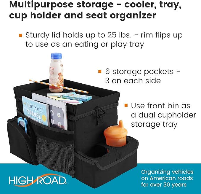 High Road CarHop Car Caddy Organizer with Road Trip Cooler, Car Cup Holder Bin, Sturdy Snack and Play Lid and 6 Organization and Storage Pockets, Black