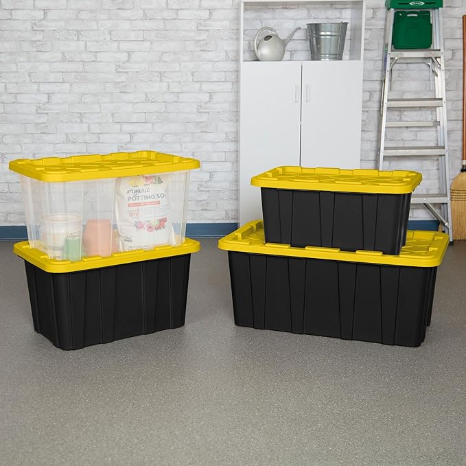 Sterilite 4-Pack Industrial Storage Box, Plastic Container Bins w/Lids, 27 Gallon, Yellow - Heavy-Duty Organizing Containers for Closet, Bathroom, and Office