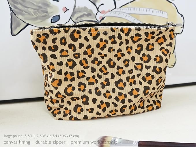 HAPPYHEIDI Cheetah Corduroy Makeup Bag Set 3 Cosmetic Toiletry Travel Pouch Purse Organizer, 3-Size, Vintage Brown Leopard