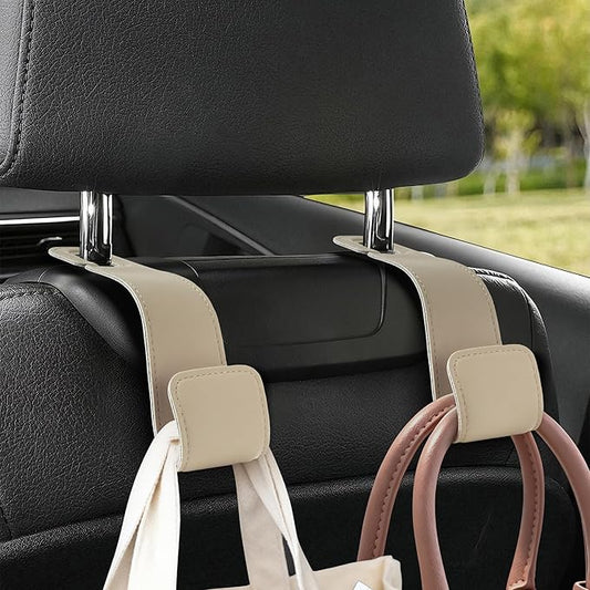 Leather Car Purse Hooks with Larger Strap Holder Purse Hook Purse Holder for car car seat Back Hooks Automotive seat Back Organizer headrest Hooks for Bags and Purse (Beige, 2pcs)