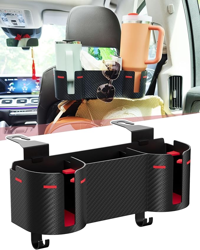 Car Headrest Backseat Cup Holder 3.7" with Organizer, High Capacity 4 in 1 Seat Back Organizer with Headrest Hooks, Multifunctional Storage for Car Travel Accessories Compatible with Most Vehicles