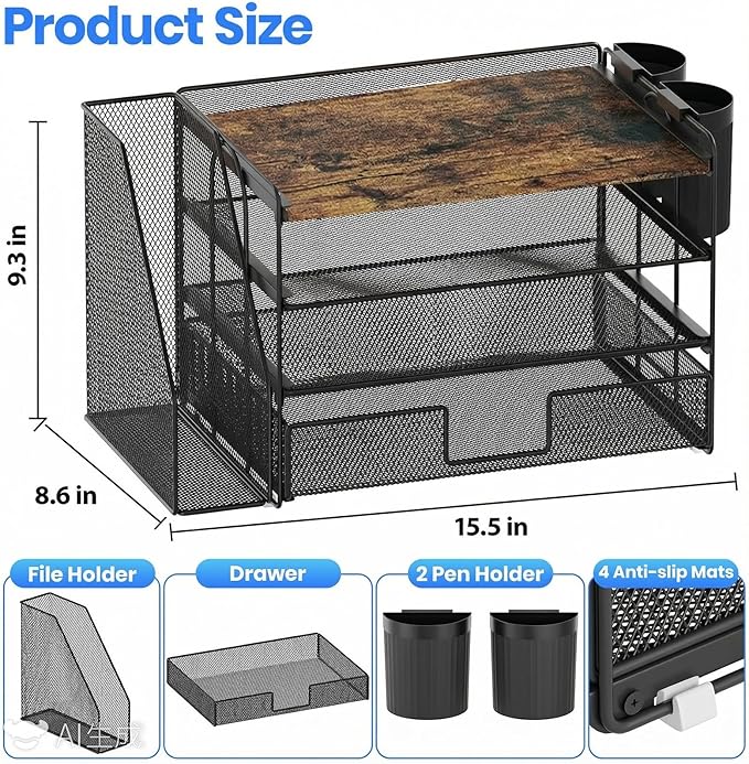 OPNICE Wood Desk Organizers and Accessories, 4-Tier Desktop File Organizer with Drawer and 2 Pen Holders, Office Desk Accessories Workspace Organizers for Office Supplies(Wood)