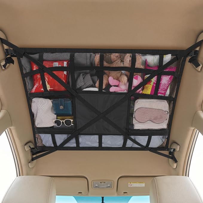 Extra Large Car Ceiling Cargo Net 43.3×27.5 Inch for SUV Minivan Truck Van,Roof Storage Organizer, Overhead Mesh Cargo Holder,Fits Most 4 Handle Vehicles for Road Trip Camping Travel