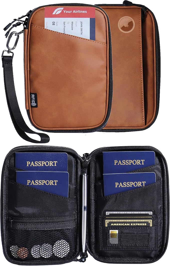 family passport holder for 4 passport wallet for travel passport cover rfid blocking for women waterproof wallet with zipper airtag passport case for men multiple passport bag (BROWN)