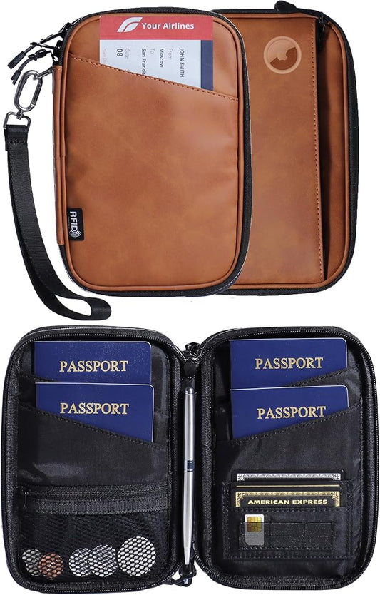 family passport holder for 4 passport wallet for travel passport cover rfid blocking for women waterproof wallet with zipper airtag passport case for men multiple passport bag (BROWN)