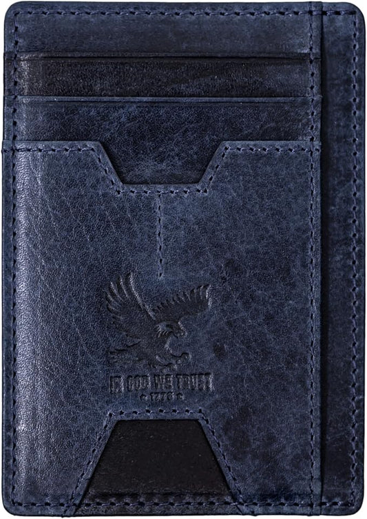Mens RFID Blocking Leather Slim Card Case Wallet with Easy Access ID windows, Cash & Card Slots, Crafted with Premium Top Grain Leather Ideal for Travel or Everyday Use (Darkest Midnight Blue)