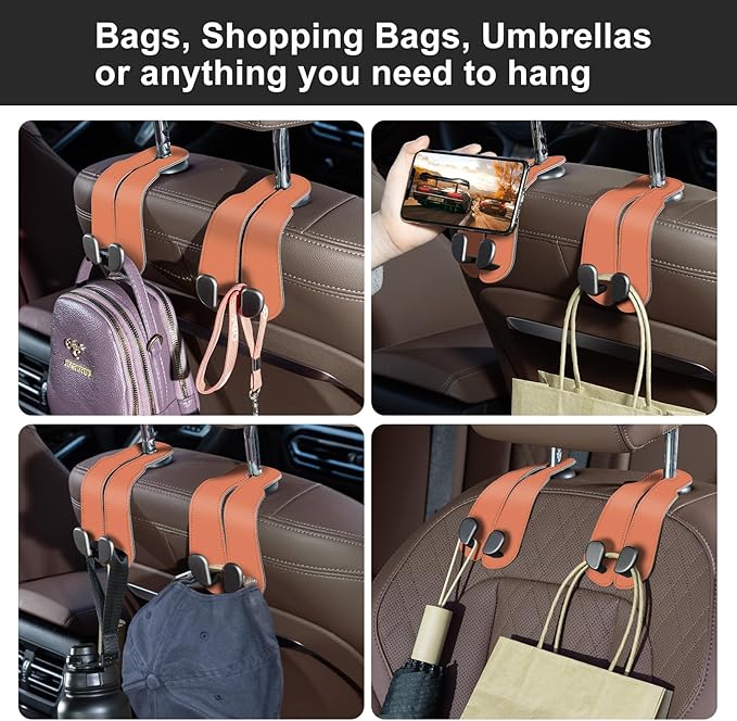 CoBak Purse Hook for Car - Universal Premium Stitched Leather and Aluminum-Magnesium Alloy Double Car Seat Back Storage Hook for Purses, Handbags, Bags (2 Pack),Coral Orange