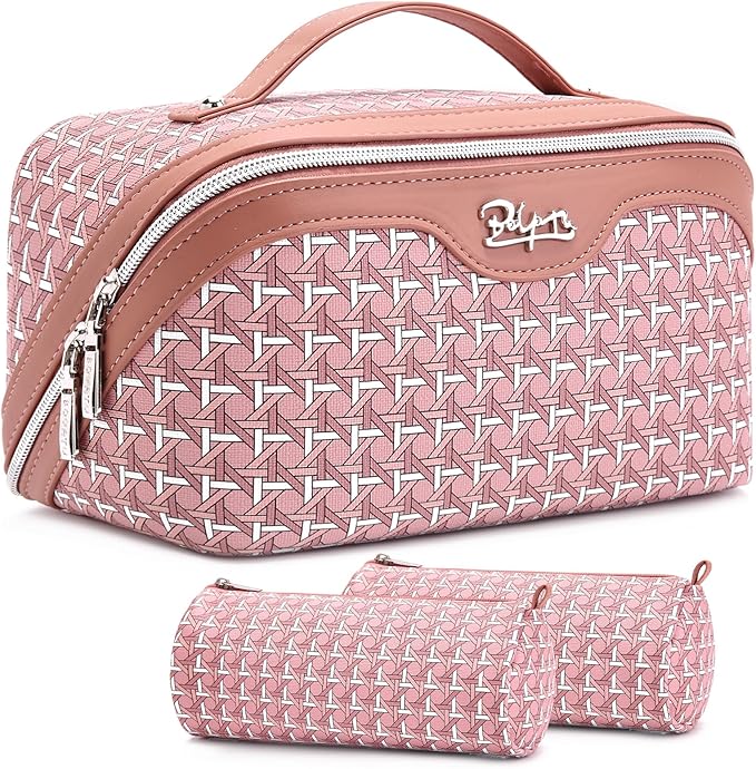BOYATU Travel Makeup Bag Cosmetic Bags for Women: Large Capacity 3 Pcs Set Make up Bag with Compartments - Waterproof Vegan Leather Toiletry Organizer Bags with Handle (M-79Pink)