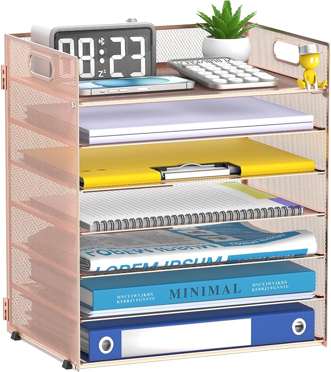 7 Tier Paper Organizer - Mesh Desktop File Holder with Handles for Office School Desk (Rose Gold)