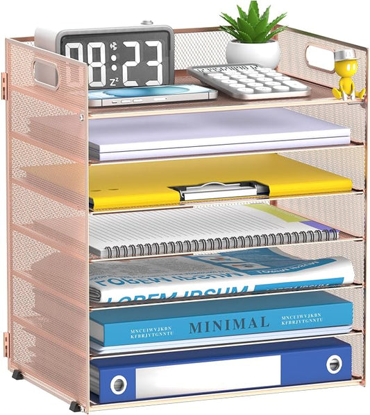 7 Tier Paper Organizer - Mesh Desktop File Holder with Handles for Office School Desk (Rose Gold)