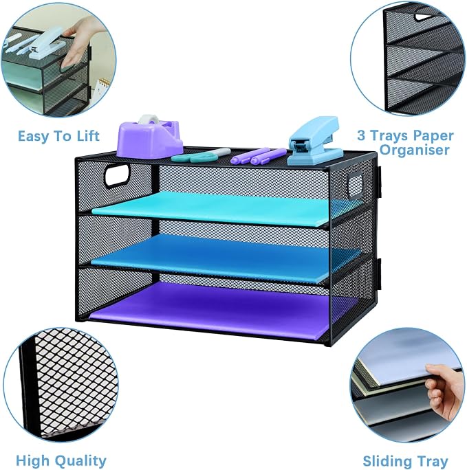 3 Tier Desk Organiser with Handle, Pull-Out Mesh File Organizer for Letter Tray Organizer Mesh Desk Organiser Tray Paper Storage Rack for A4 File Office Supplie, Black