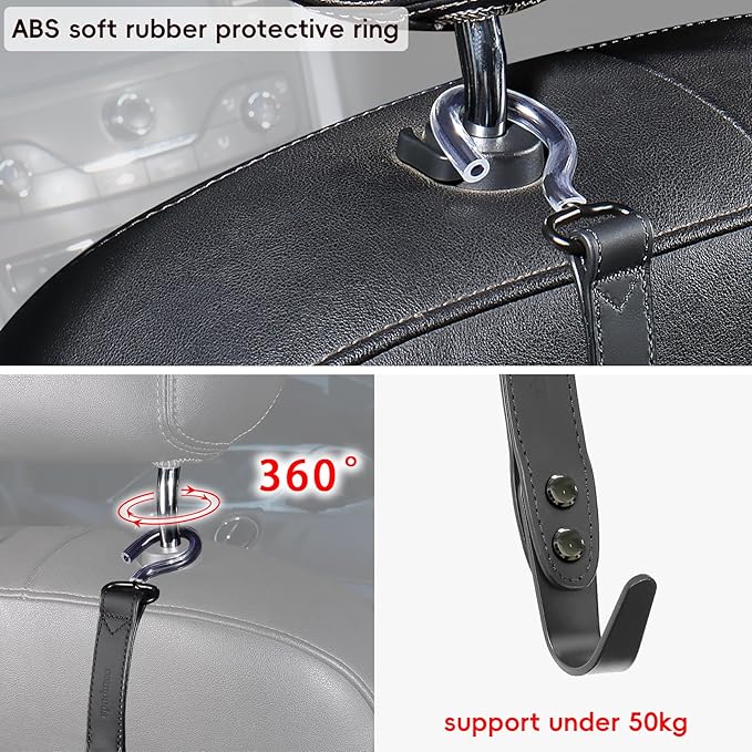 Car Hooks,Car Purse Hook,Car Headrest Hook 2 Pack Leather Headrest Hooks for car Accessories,SUS304 Car Bag Hooks(Black)
