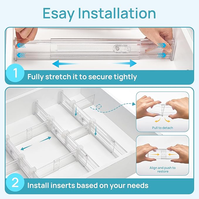 Vtopmart 2.36” Drawer Dividers with Expandable Inserts, 12.8"-22.3" Adjustable Kitchen Drawer Organizer, Clear Plastic Organizer Separator for Flatware, Utensil, Cutlery, 4 Dividers with 6 Inserts